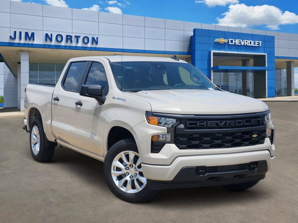 2026 Chevrolet Silverado 1500 Custom in White Sands — front three-quarter view