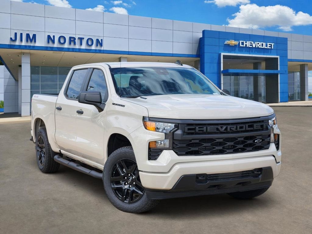 2026 Chevrolet Silverado 1500 Custom in White Sands — front three-quarter view